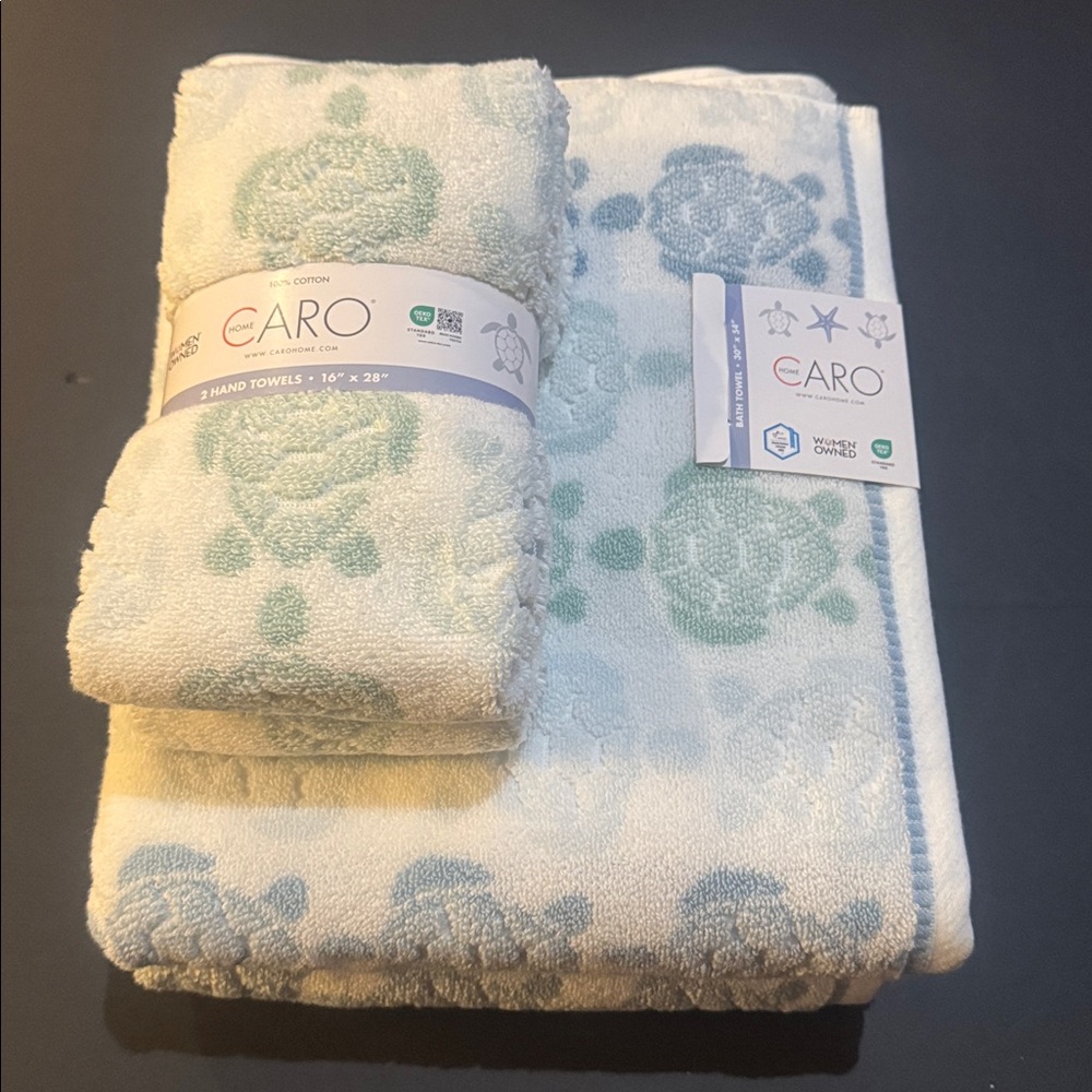 4pc CARO HOME 100% Cotton Tortuga Tile Bath Towel Set - Green/Blue